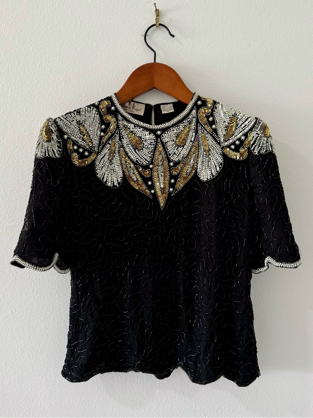 VTG Laurence Kazar Silk Beaded Sequin Top Blouse PS Black Gold Silver Art Deco